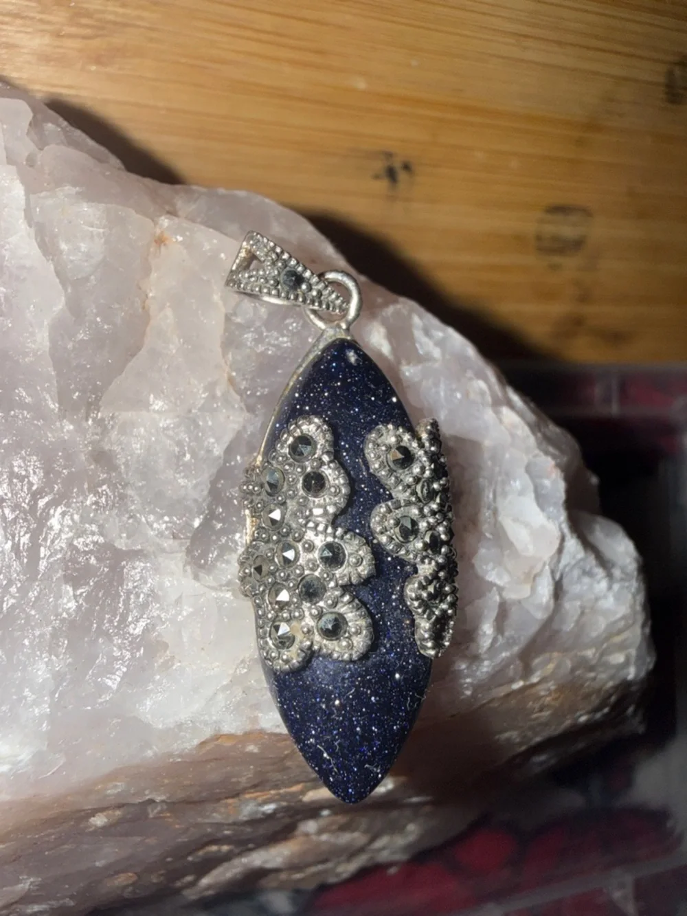Vintage Sterling Silver Marcasite Blue Goldstone Pendant